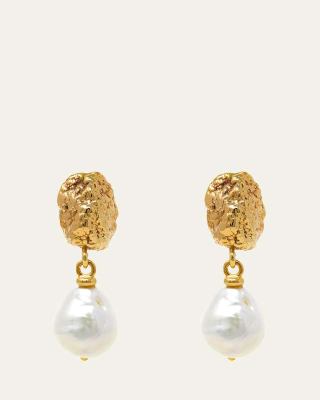 Yellow Gold Nugget and Freshwater Pearl Drop Earrings